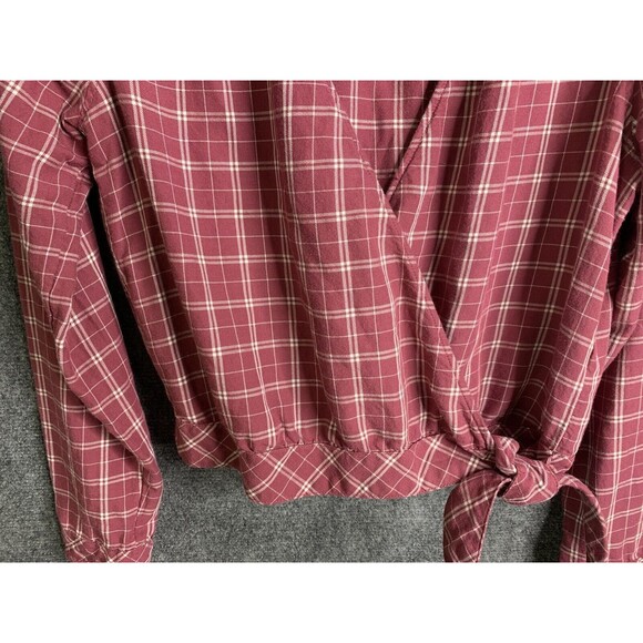 Abercrombie & Fitch Crop Wrap Top Long Sleeve Pink M Plaid Side Tie Soft Viscose - Picture 3 of 11